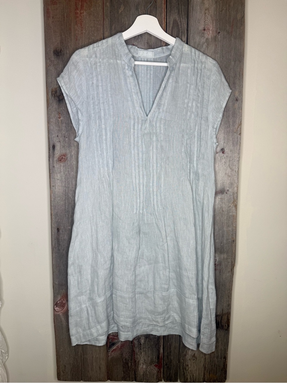 CP Shades Light Blue 100% Linen Pin-tuck Tunic Dress Small